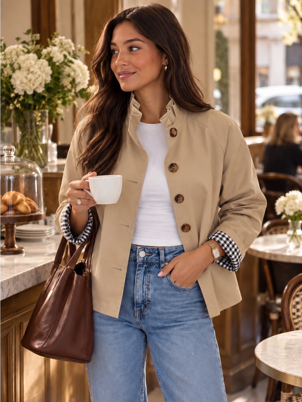 Preppy Gingham Cuff Ruffle Collar Lightweight Jacket short trench coat